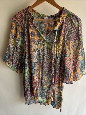 Counterparts Peasant Blouse Sz Lg Women’s Short Sleeve Pastel Boho EUC